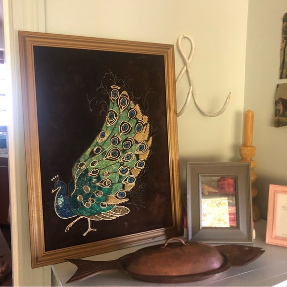 Vintage MCM Peacock on Brown Velvet Gravel Art - Picture 2 of 14